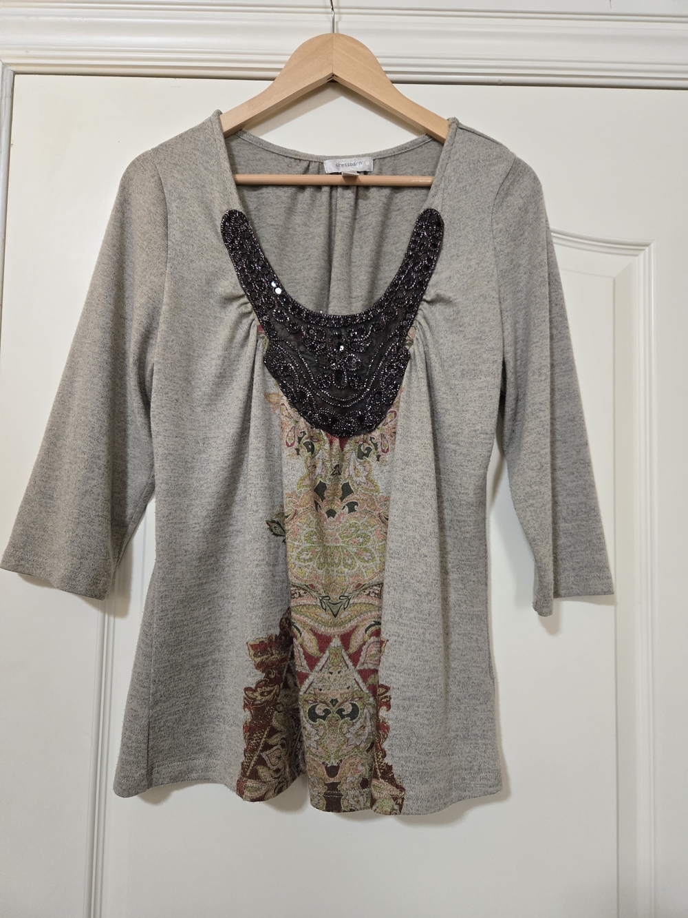 Dress Barn Light Gray Knit Top with Beaded Bib and Paisley Panel